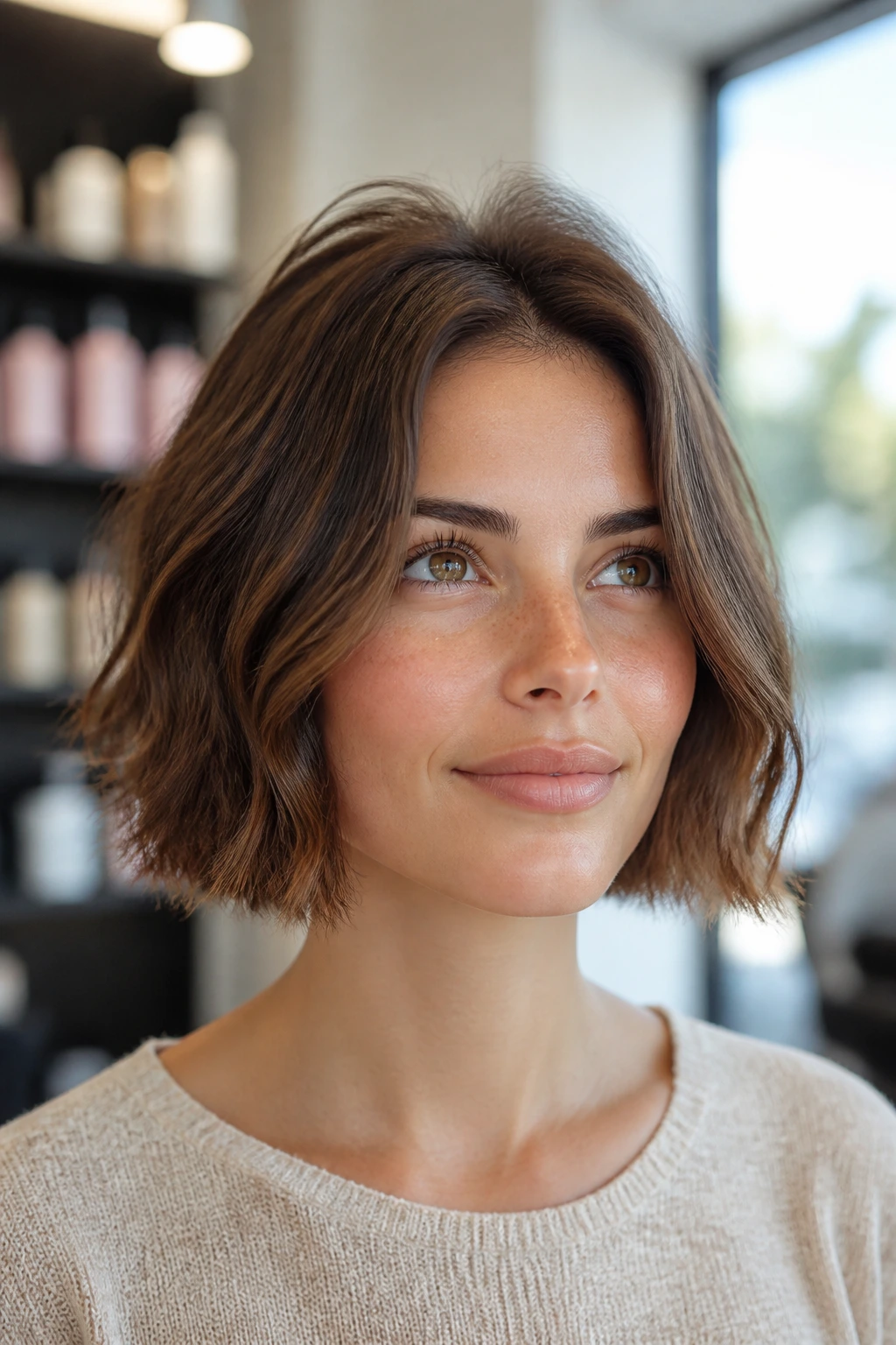 Close-up portrait of a real woman with Root-Lift Bob featuring a lifted crown in bright salon light