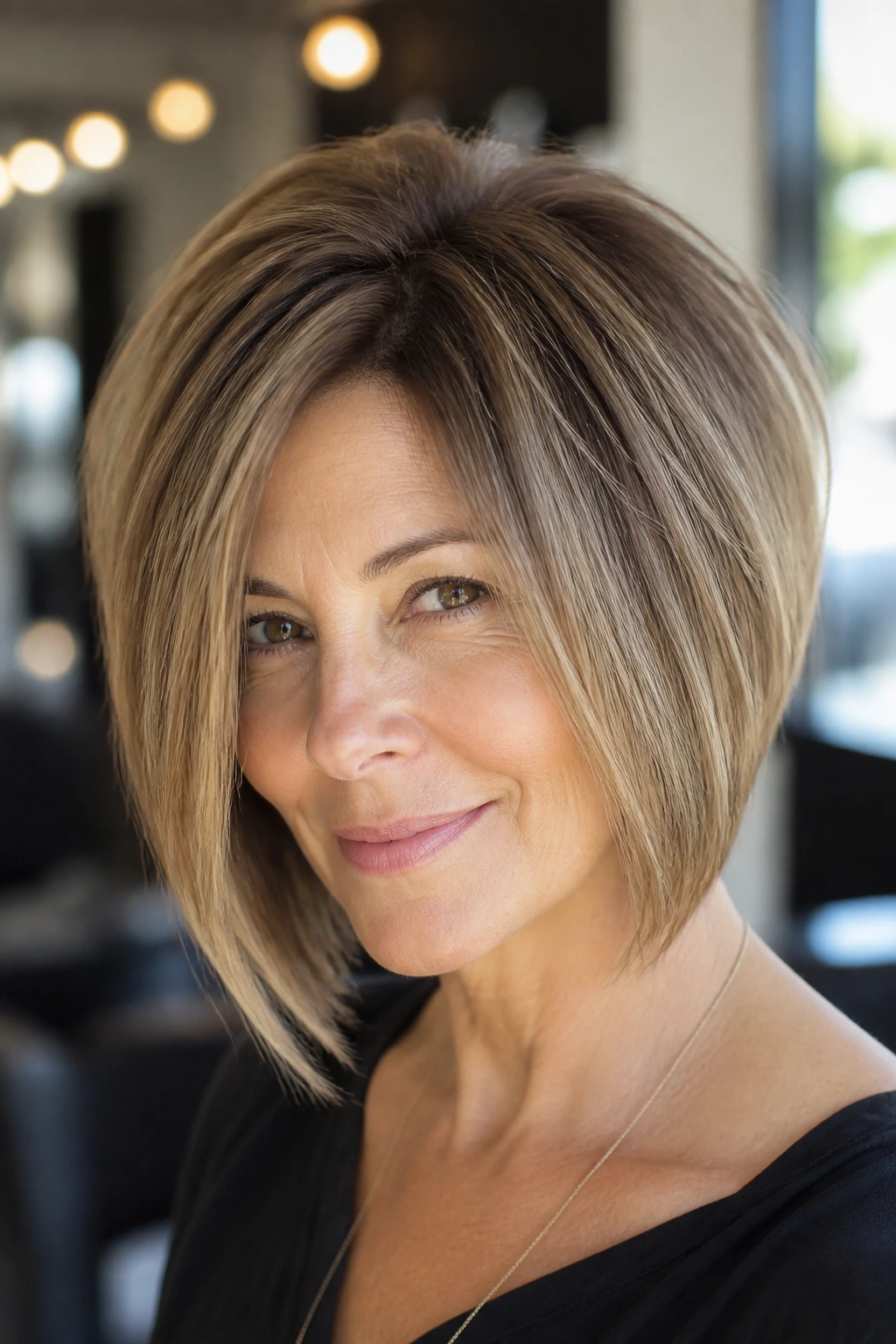 Close-up of a real woman with a crown-lifted root volume bob in a salon