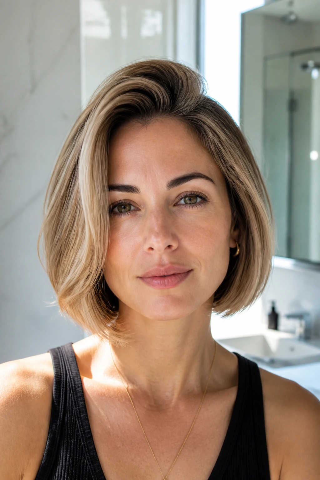 Close-up of a real woman with a root-lift bob showing crown volume