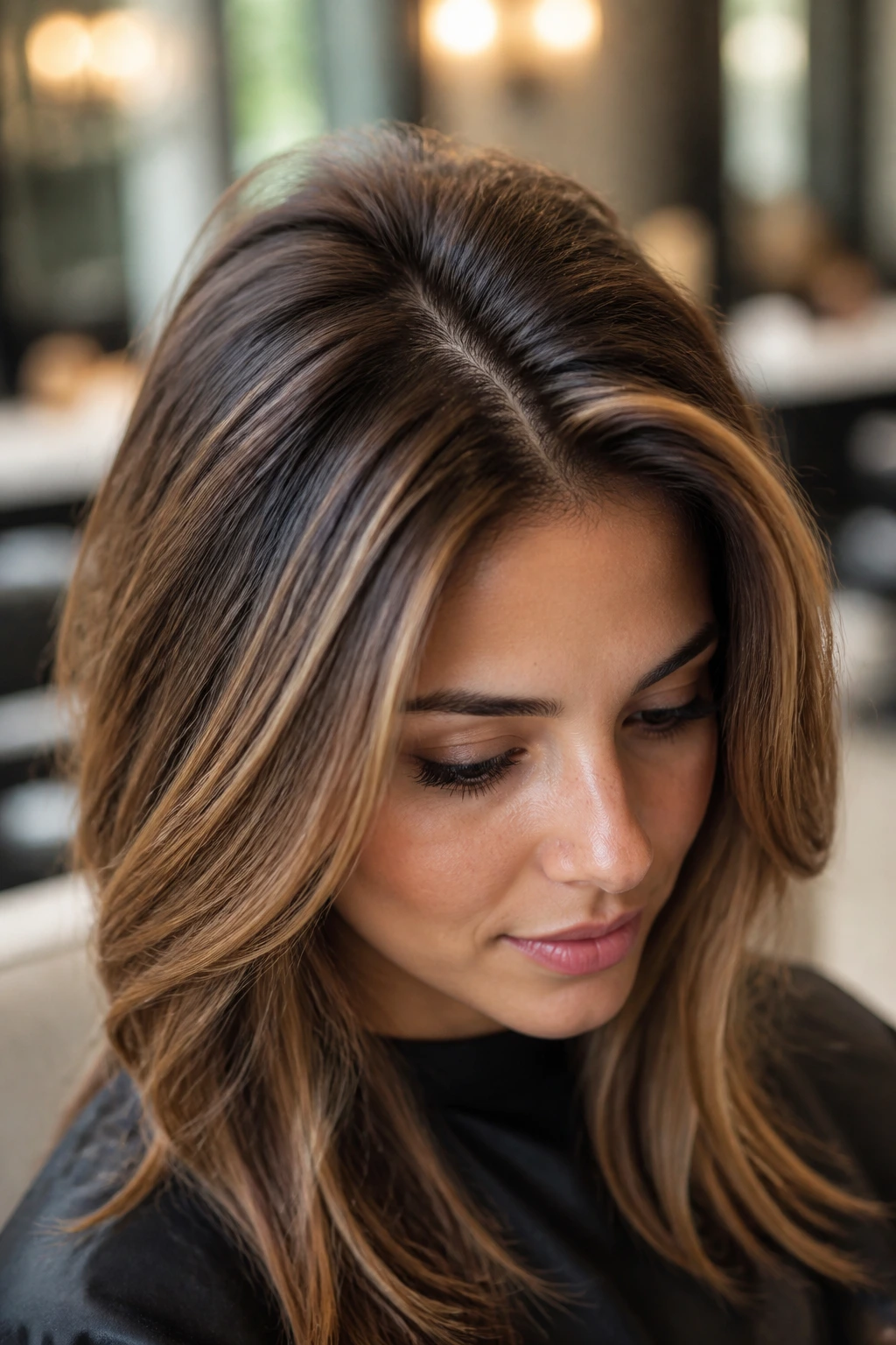 Portrait of woman showing lifted roots and caramel highlights in salon setting