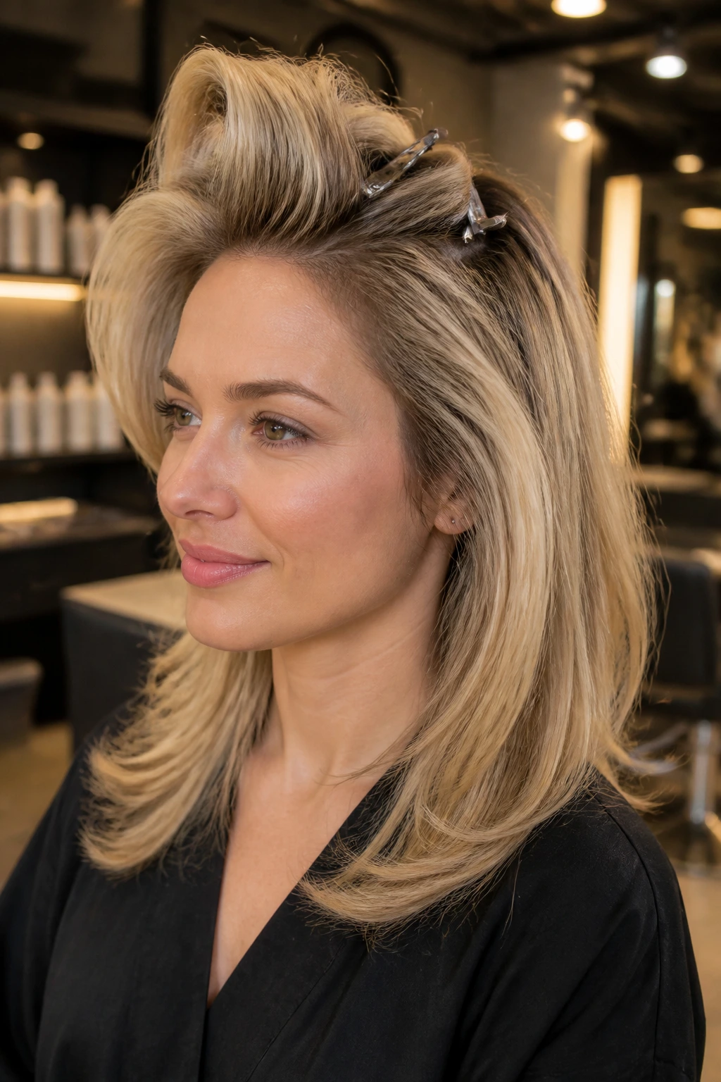 Close-up portrait of a real woman with clip-set root lift visible in the crown area