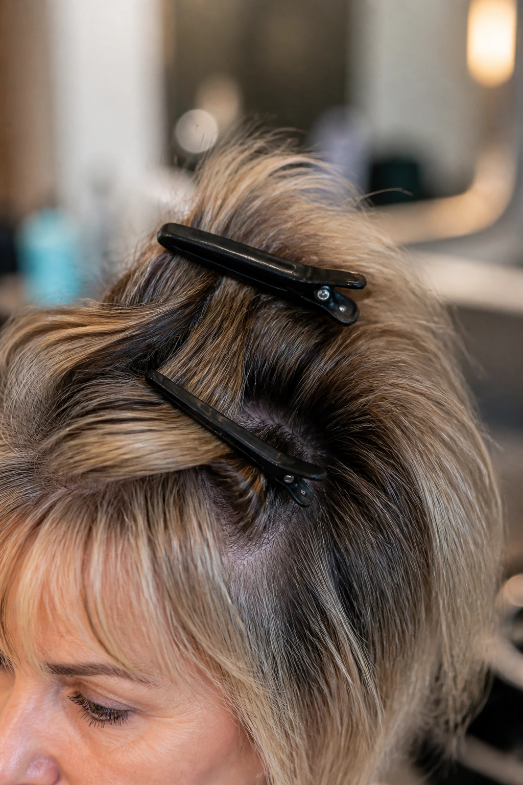 Close-up of crown with clips lifting roots during styling.