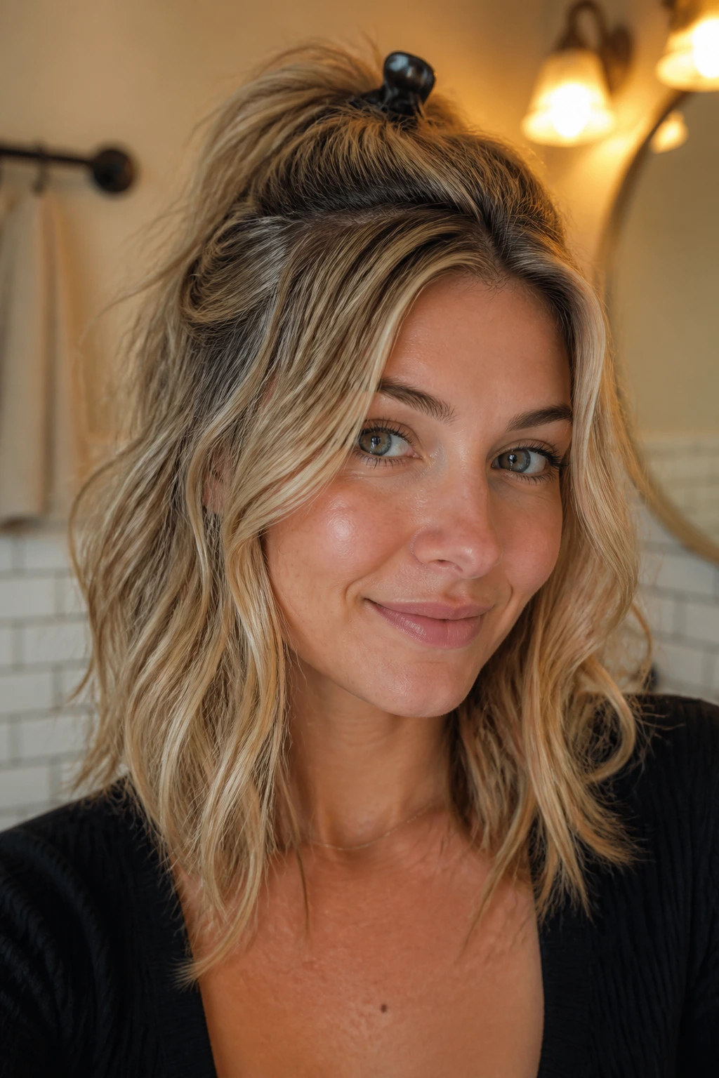 Close-up of a real person showing crown lift and subtle styling tweak in warm bathroom light