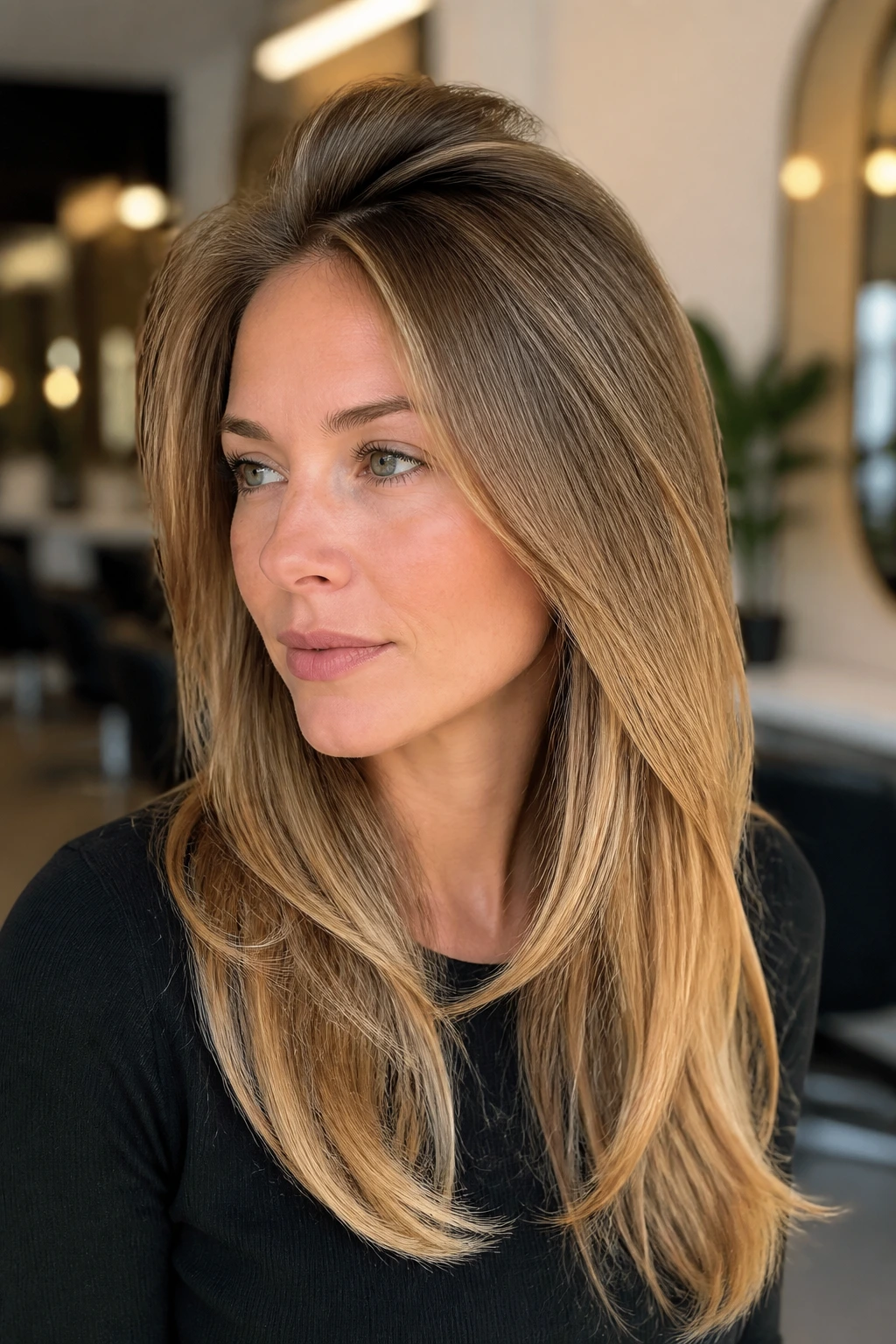 Portrait of a real woman with lifted crown created by short top layers