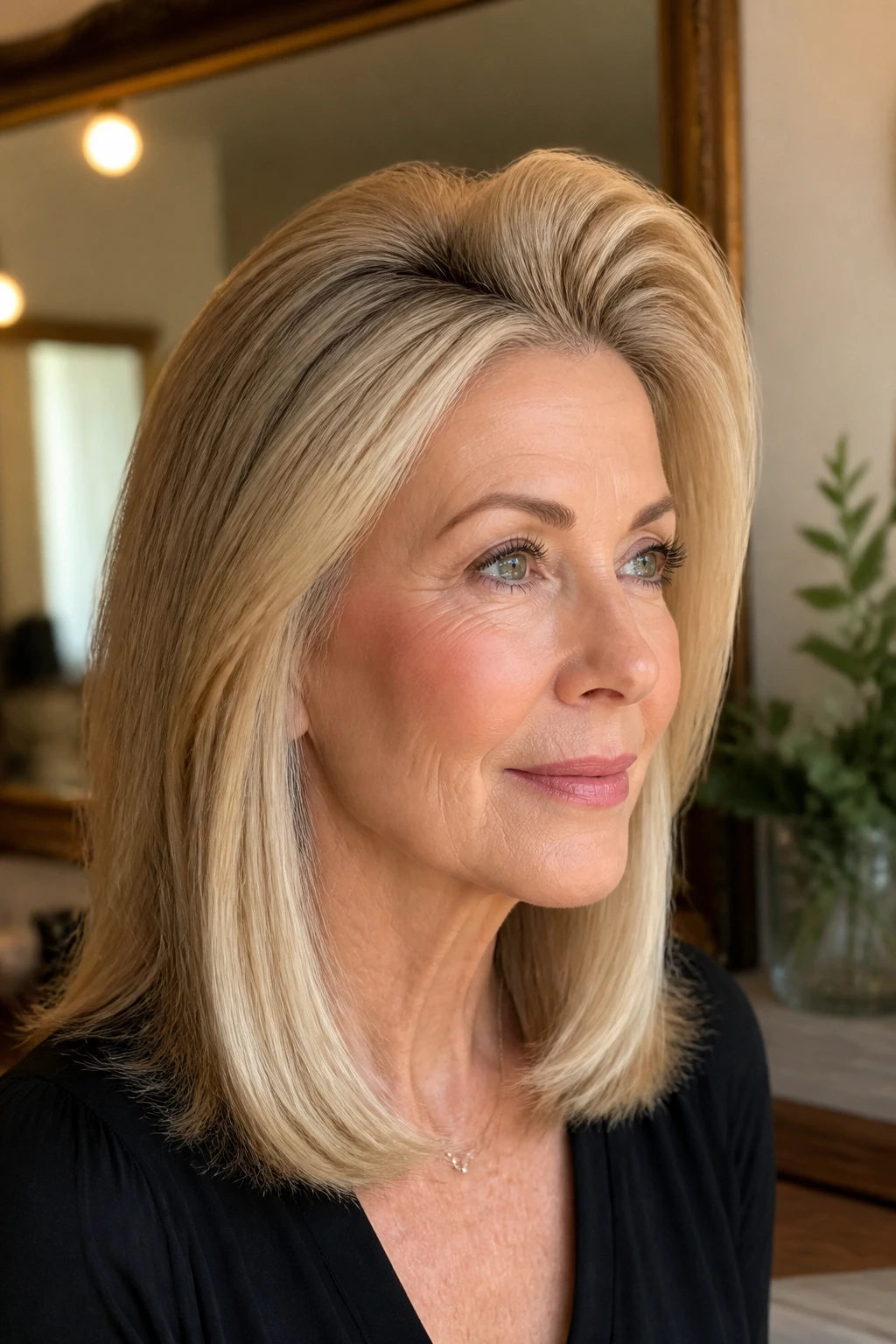 Close-up of a real woman with root-lifted crown volume in warm daylight