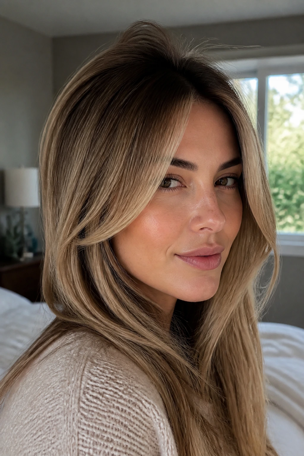 Close-up portrait of a real woman showing root lift and face-framing layers for added presence in thin hair