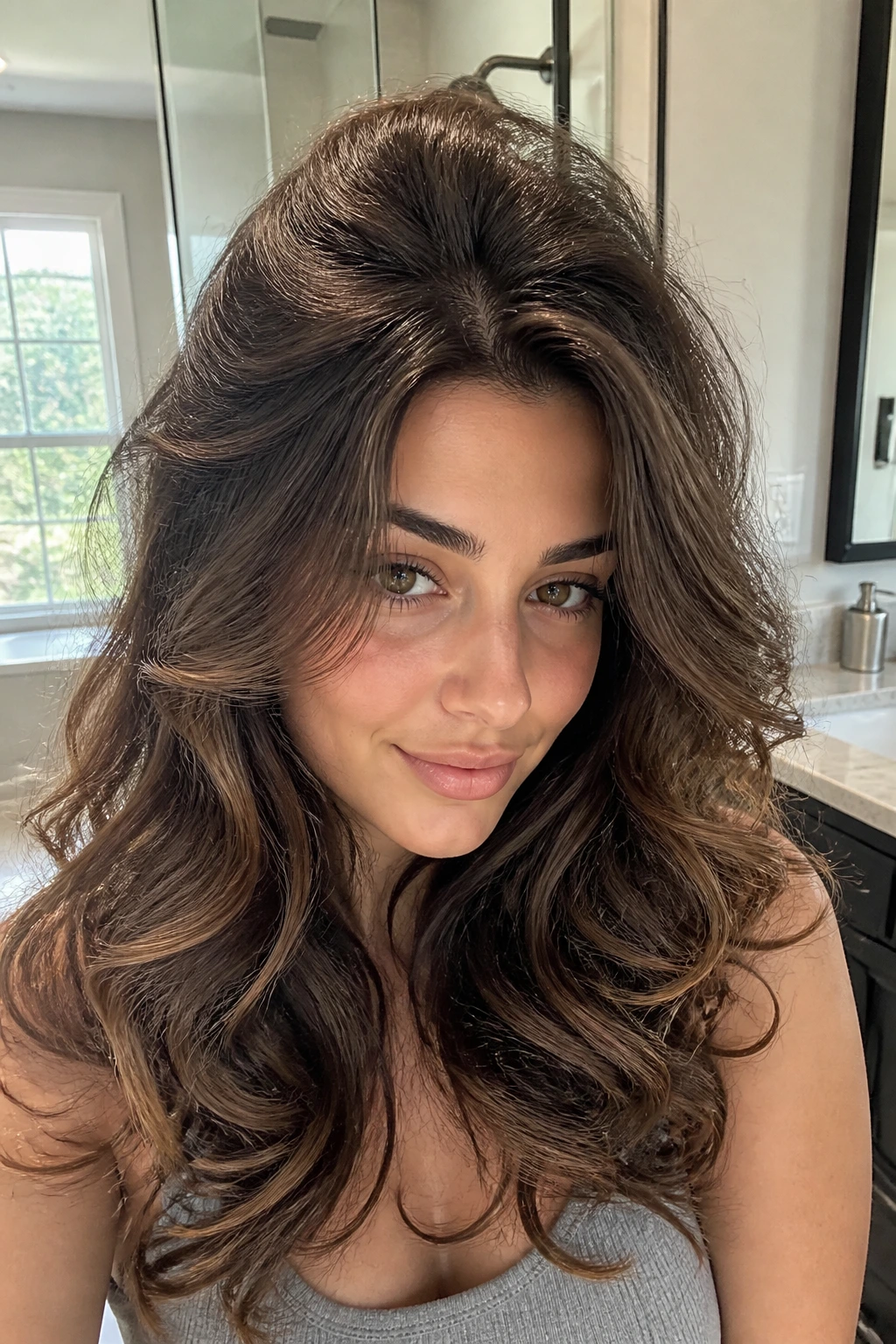 Close-up of a real woman with root lift volume curls in a bright bathroom