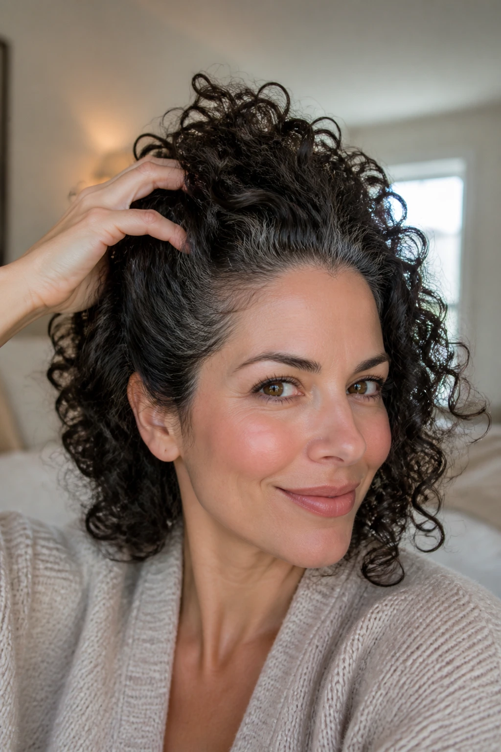 Close-up portrait showing lifted roots and textured crown for better gray coverage.