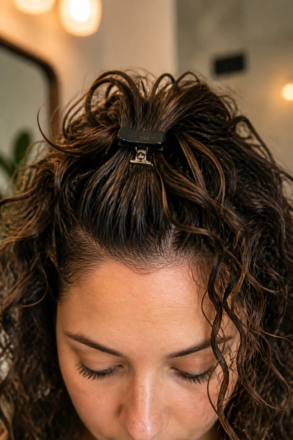 Close-up of a real woman's curly crown with root lift during drying
