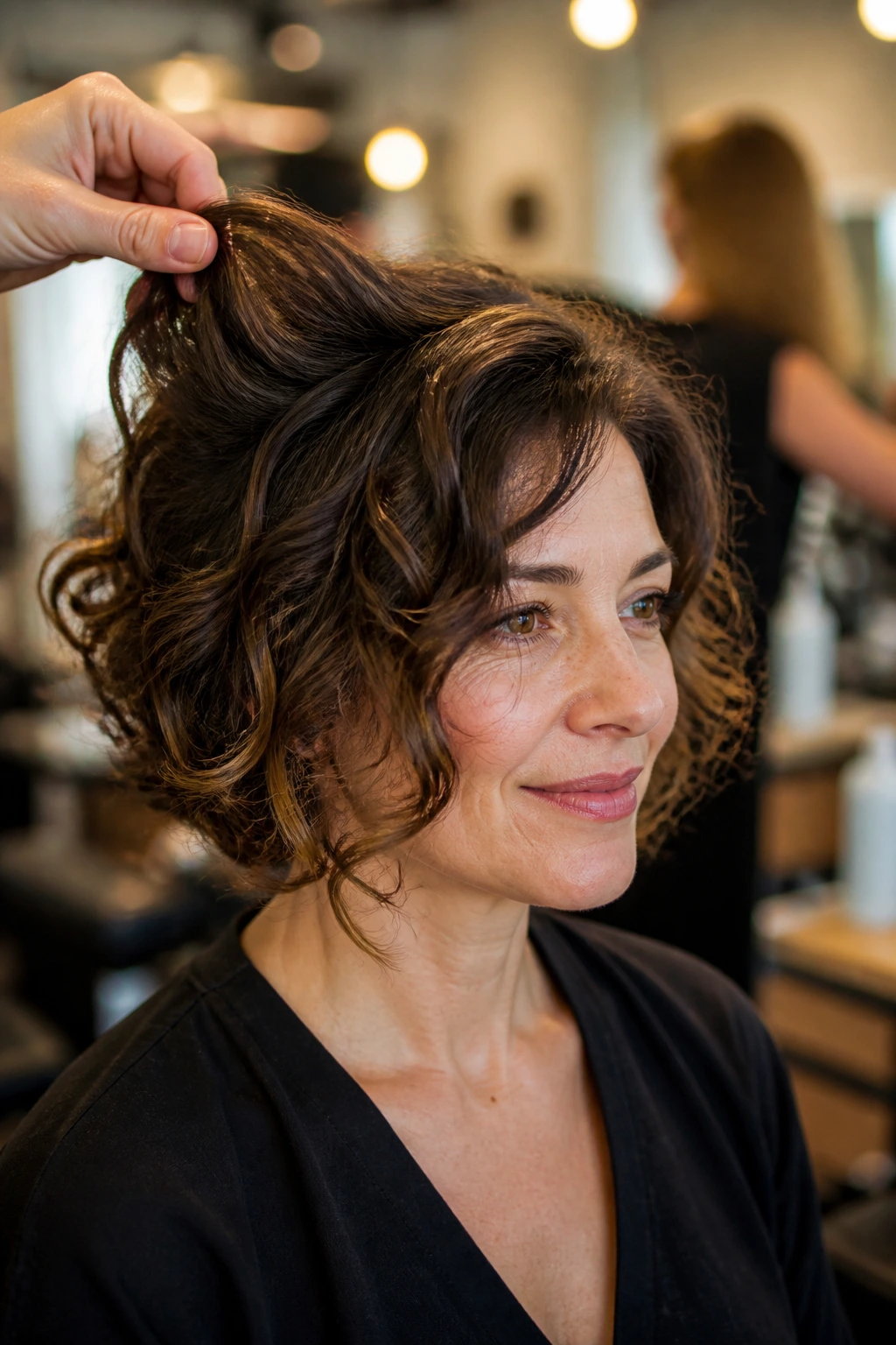 Close-up of crown lift in chin-length hair demonstrating lift without crunch