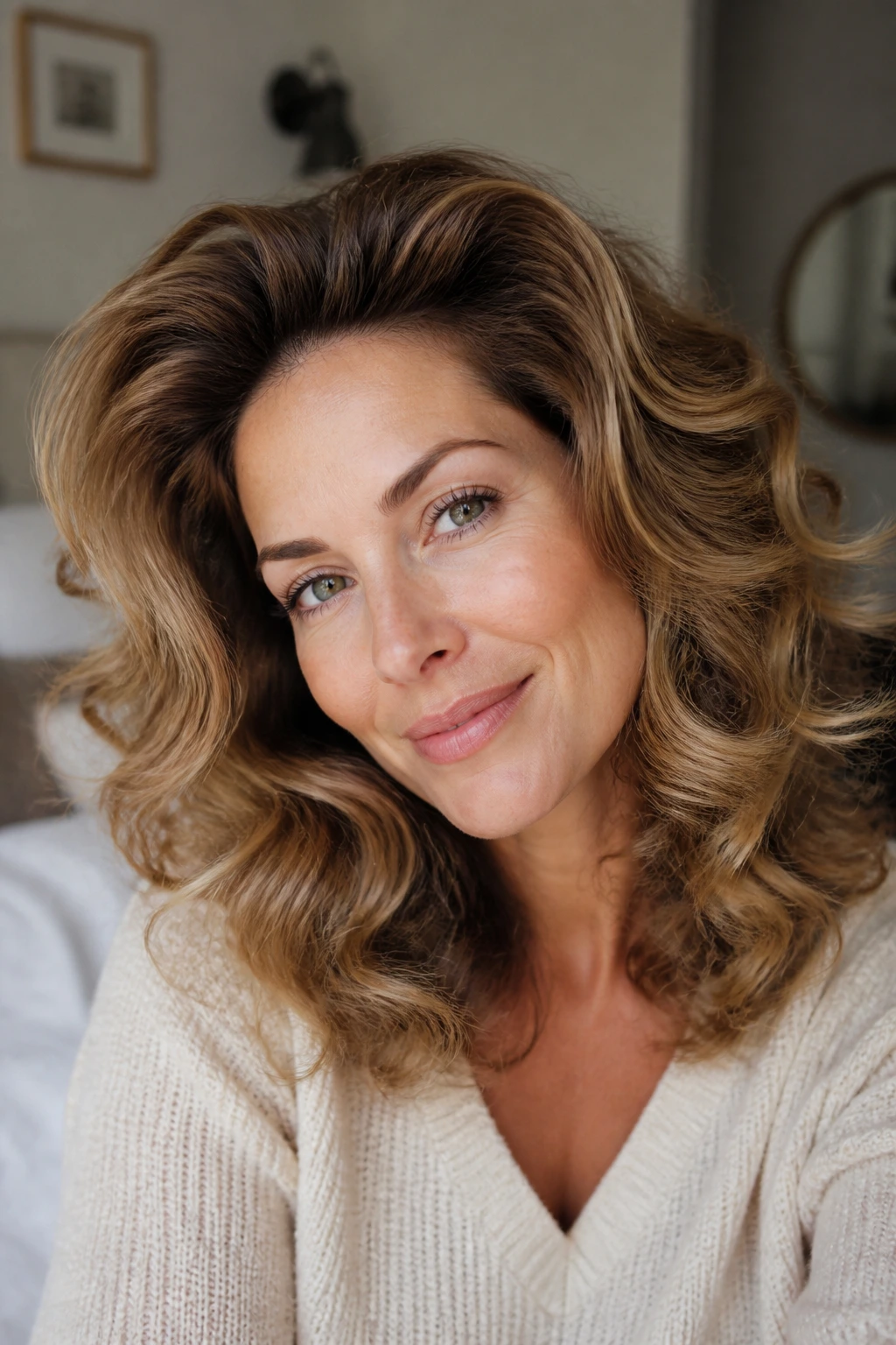 Close-up of real woman with rooted lift curls and volume at the crown