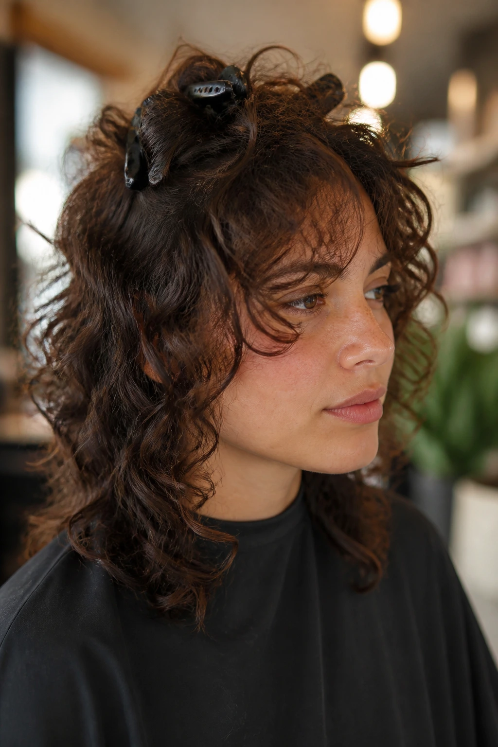 Portrait of curly shag with crown lift and root clips