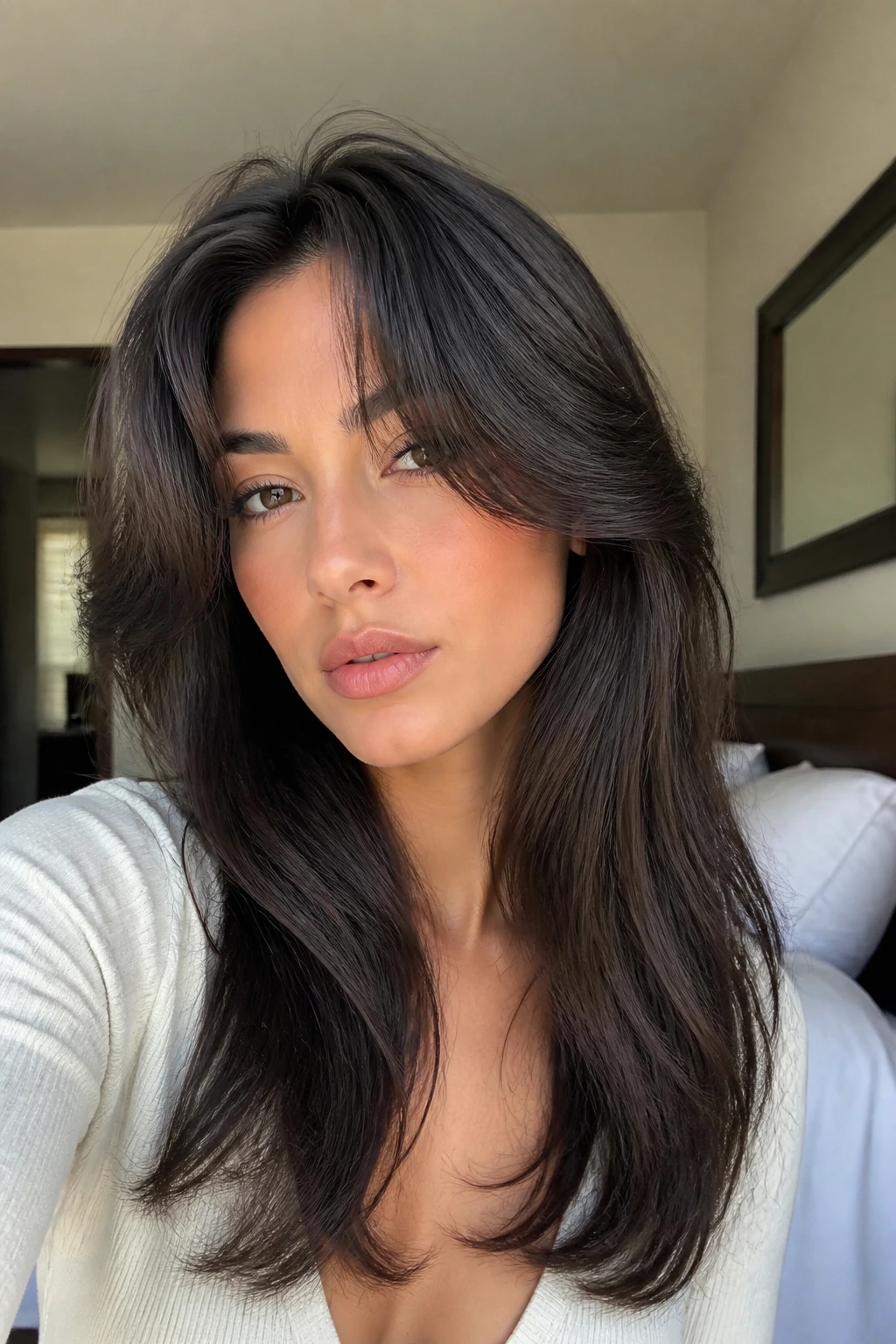 Close-up of a real woman with root-lifted curtain bangs for dense hair in a softly lit bedroom.