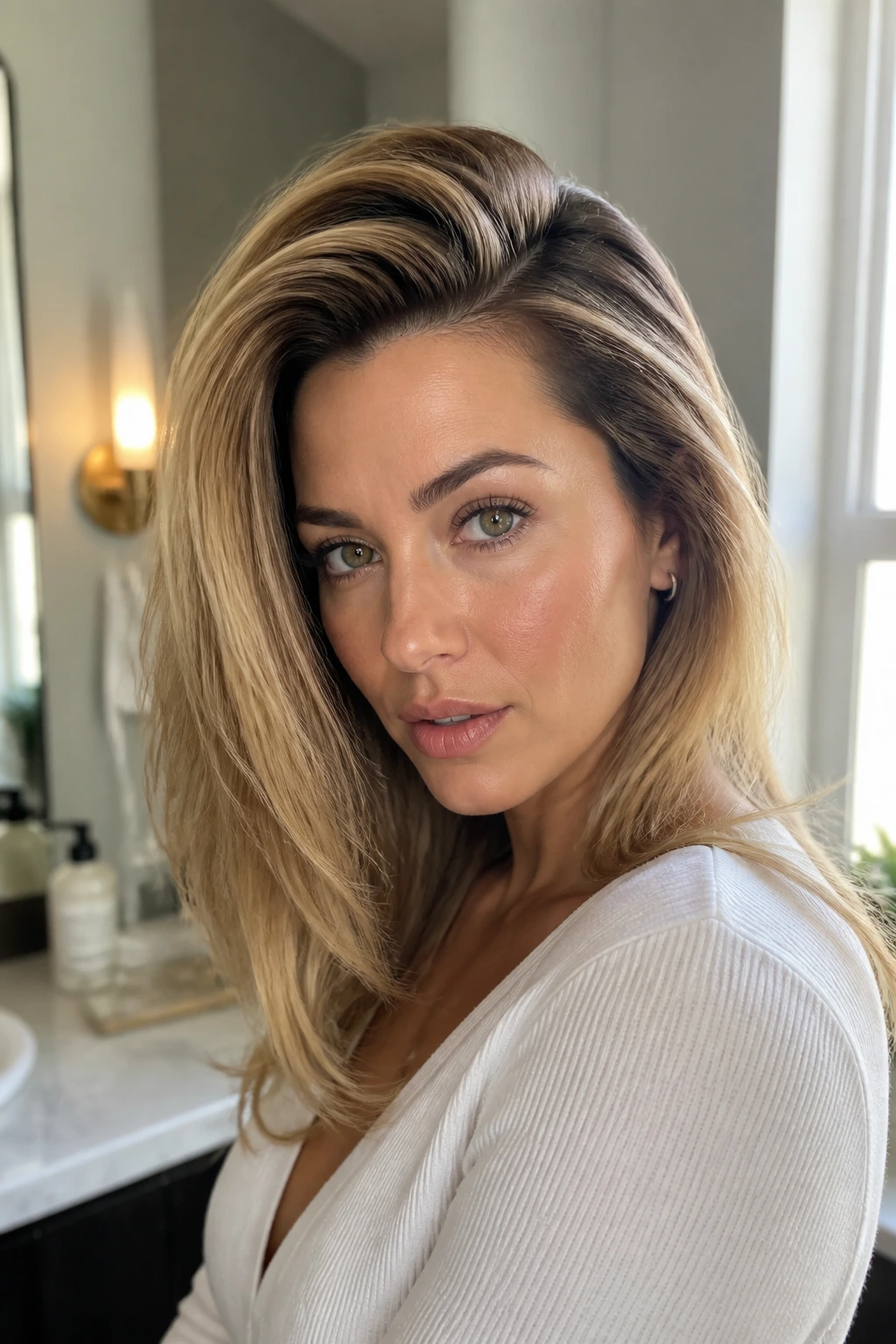Portrait of a woman with a deep side part and lifted crown