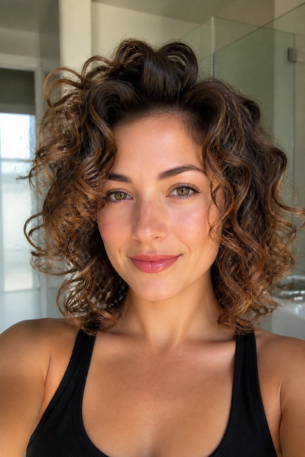 Close-up of a real woman with root-lift flip and diffused curls
