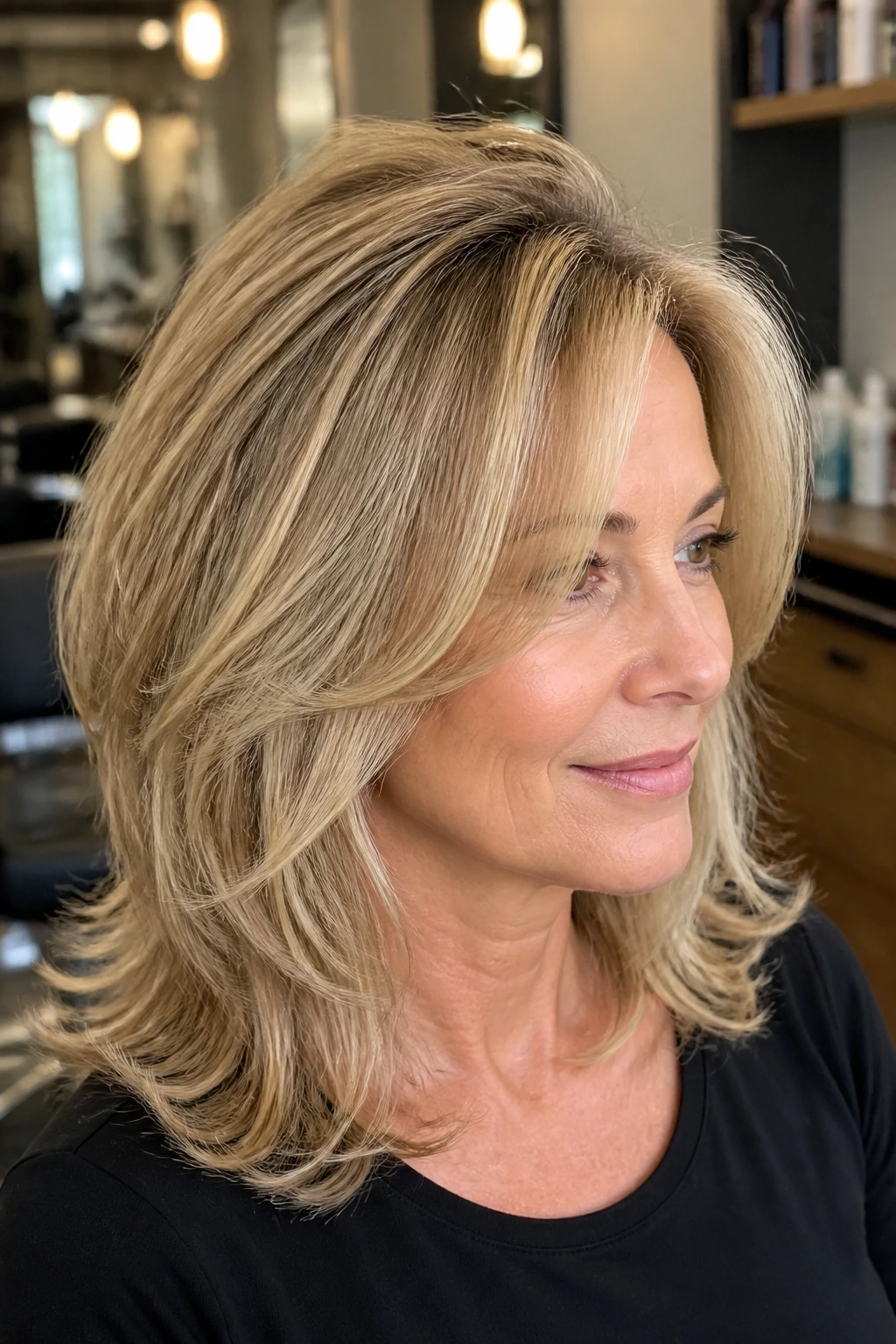 Close-up crown showing root lift for feathered layers in a salon portrait