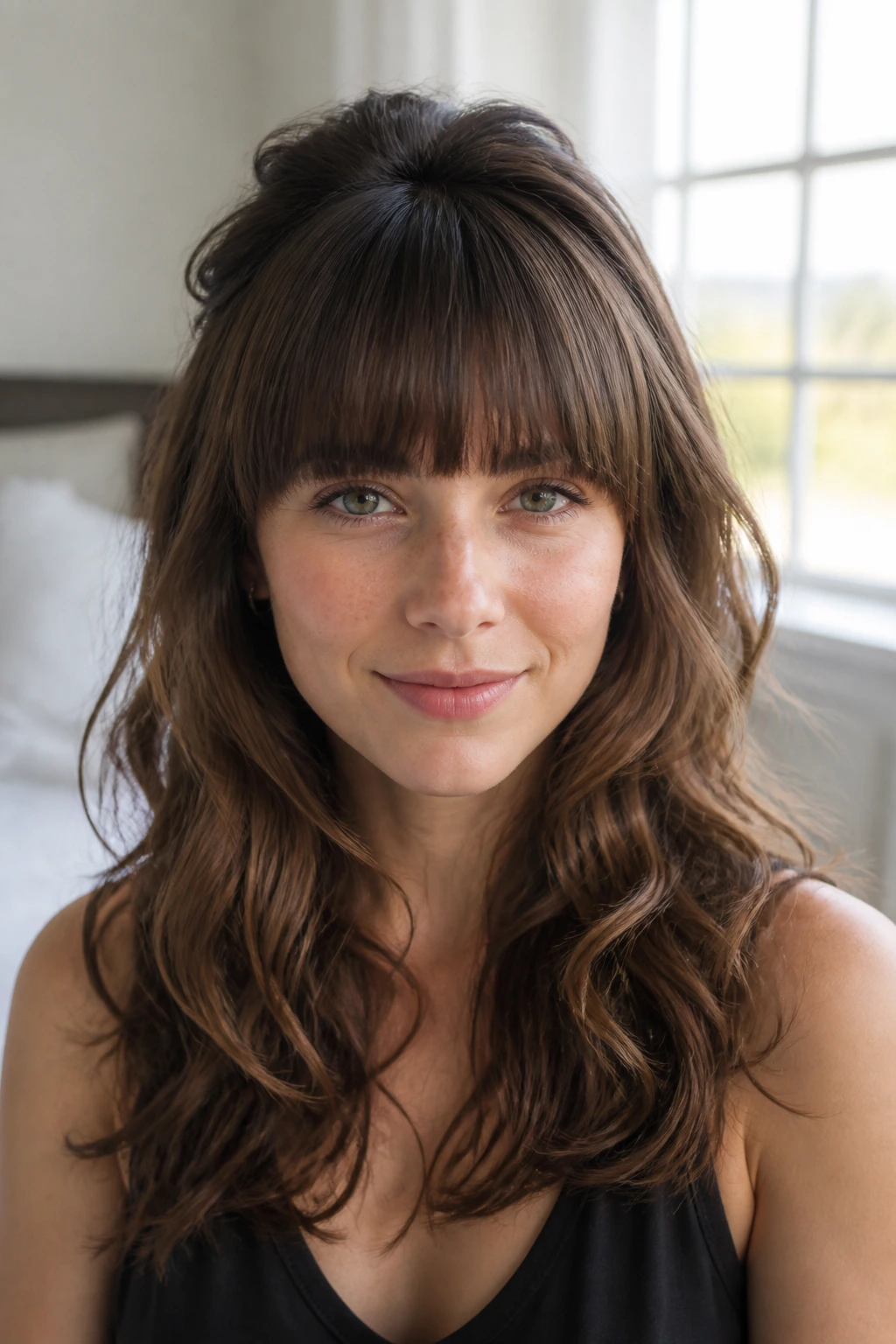 Portrait of a real woman with root-lifted fringe and loose curls.