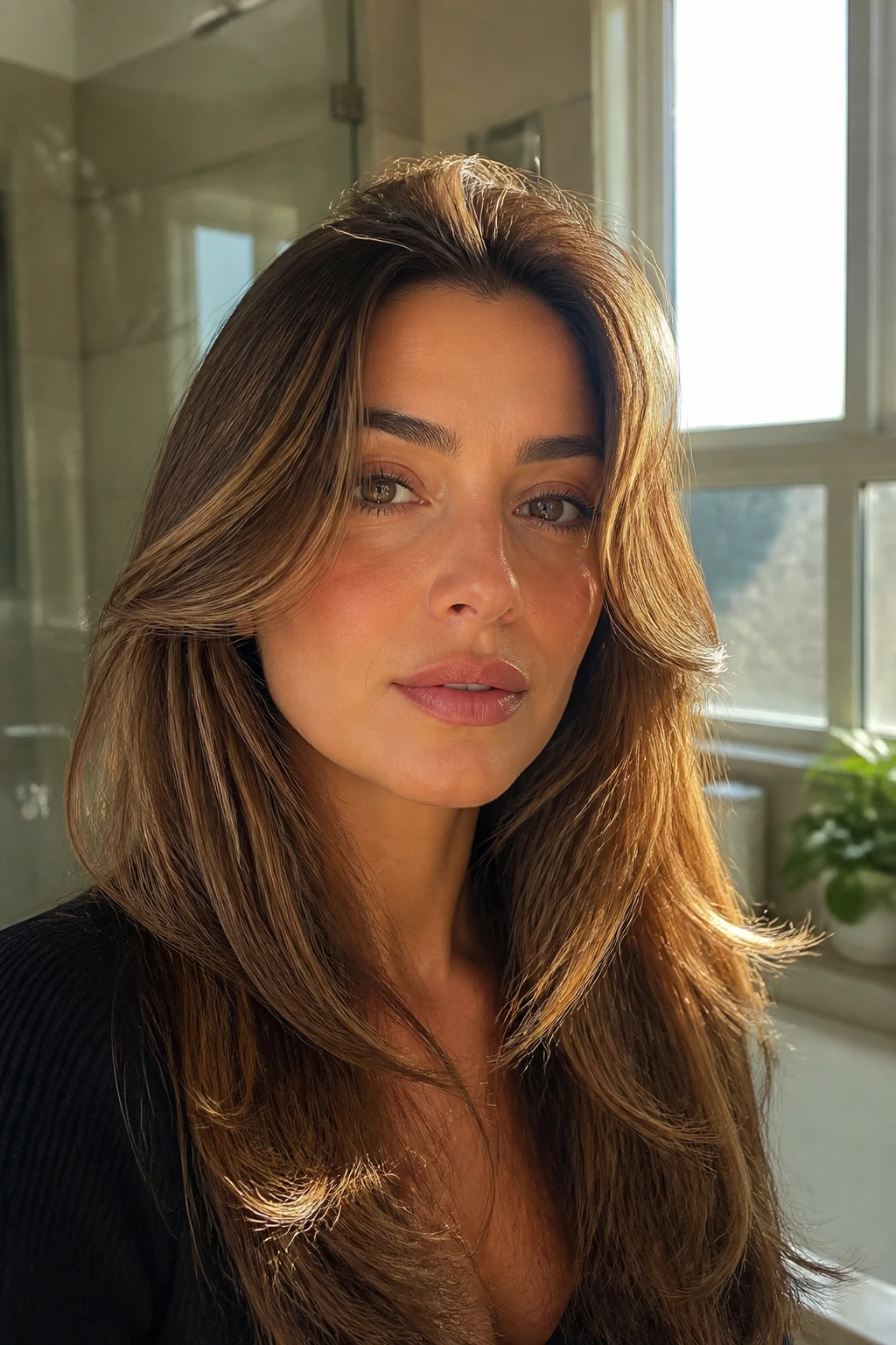 Close-up portrait of a real woman showing root-lifted front layers framing the face.