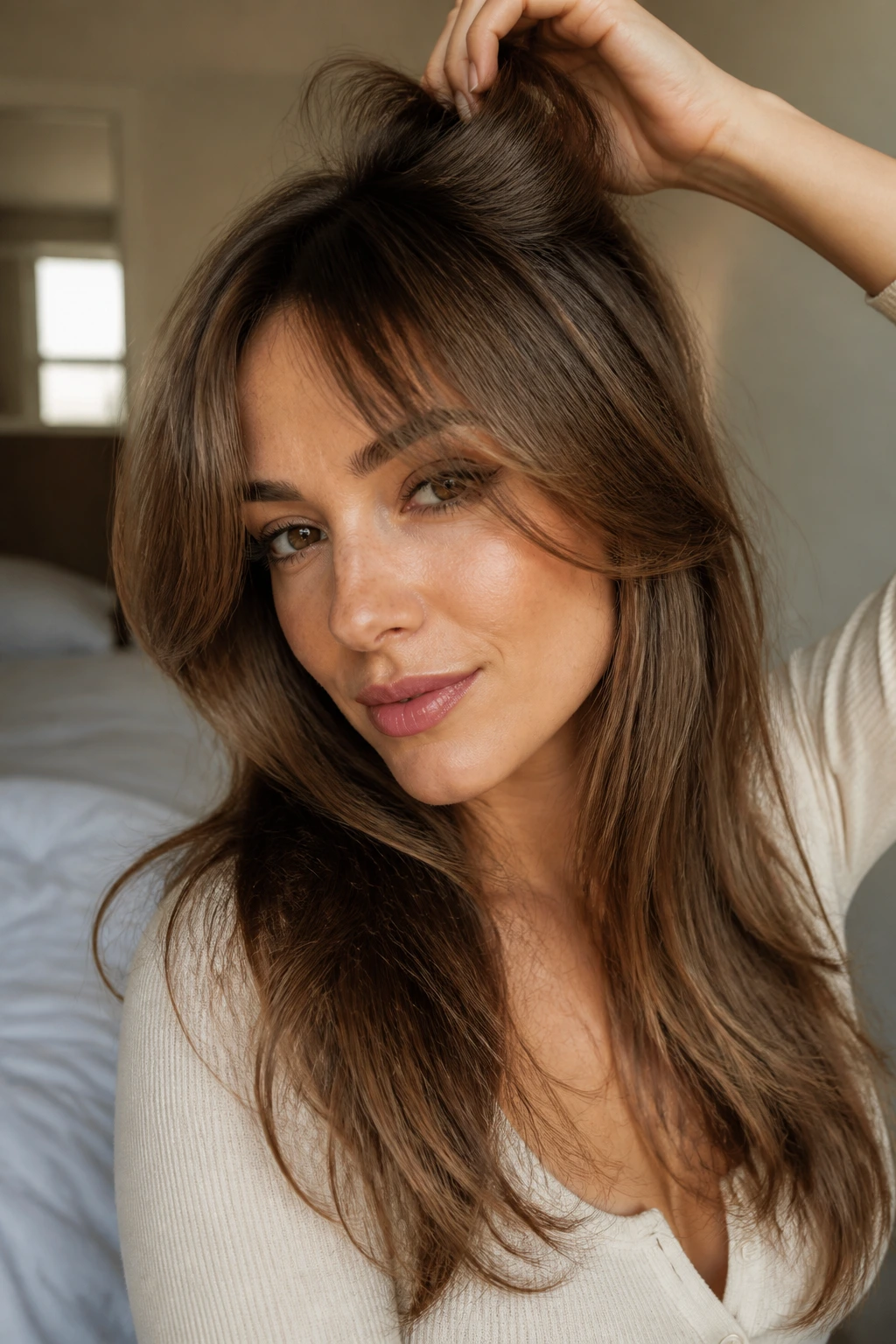 Close-up of a real woman with crown lifted hair and face-framing layers in warm window light