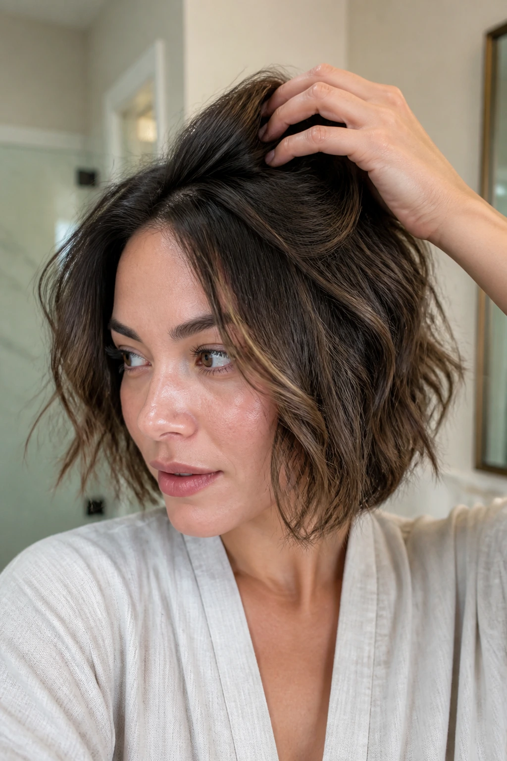 Close-up of hand lifting crown of real hair to create root lift.