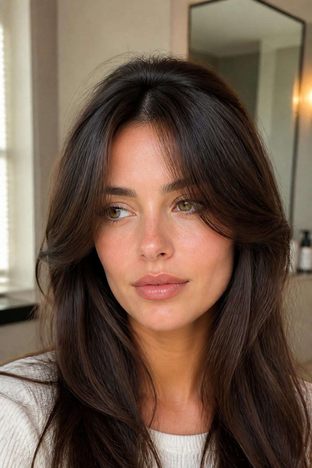 Close-up of a real woman's crown showing root lift and thick curtain bangs in warm light