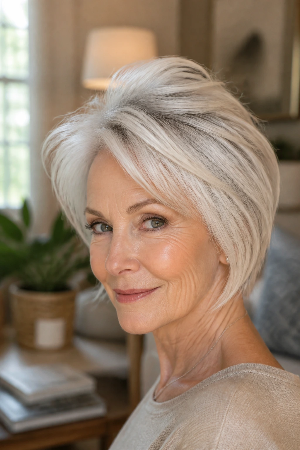 Portrait of a woman with root lift at the crown illustrating added volume for fine hair