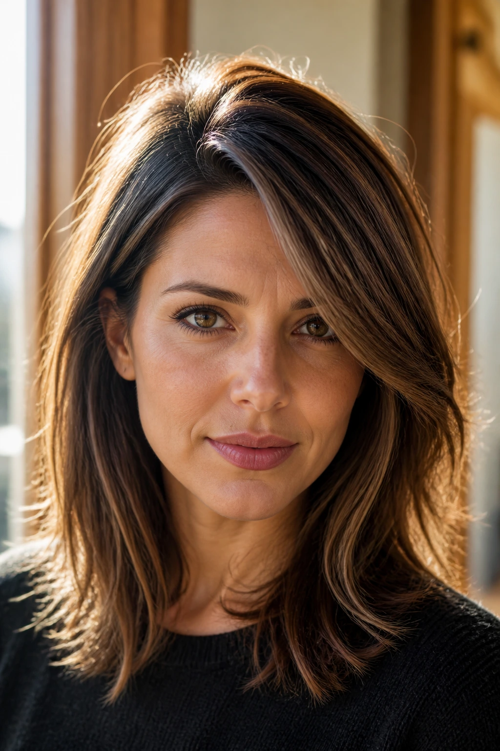 Real woman with root-lift layers for volume, close-up