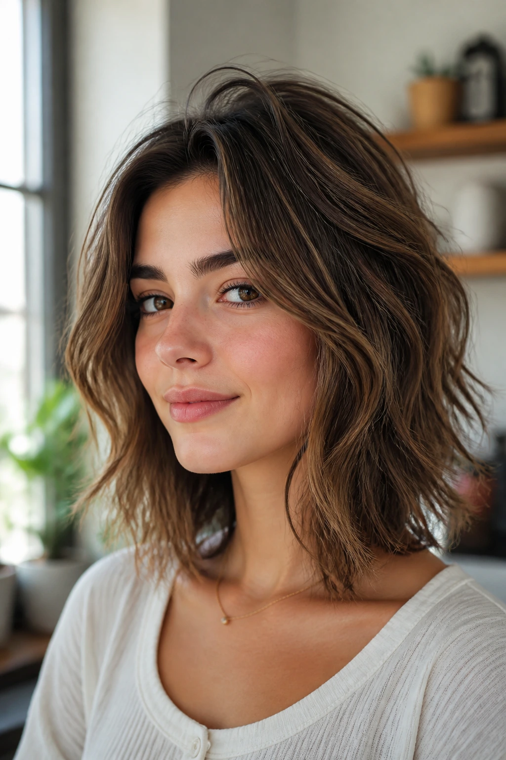 Close-up portrait of a person with root-lift lob and lightweight layers