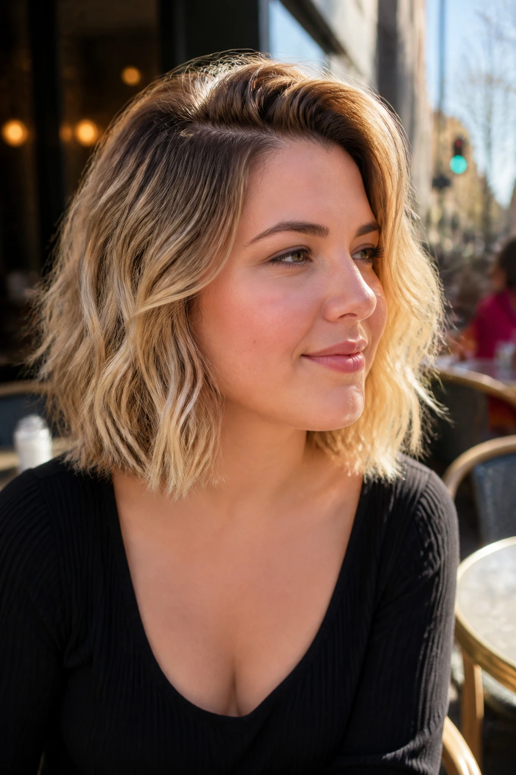 Close-up of a real person with a tousled root-lift lob and crown volume.