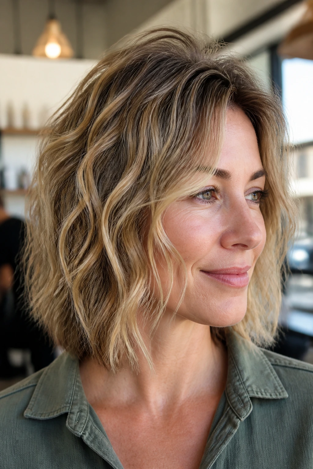 Close-up of a real woman with root-lift micro-wave bob showing crown lift