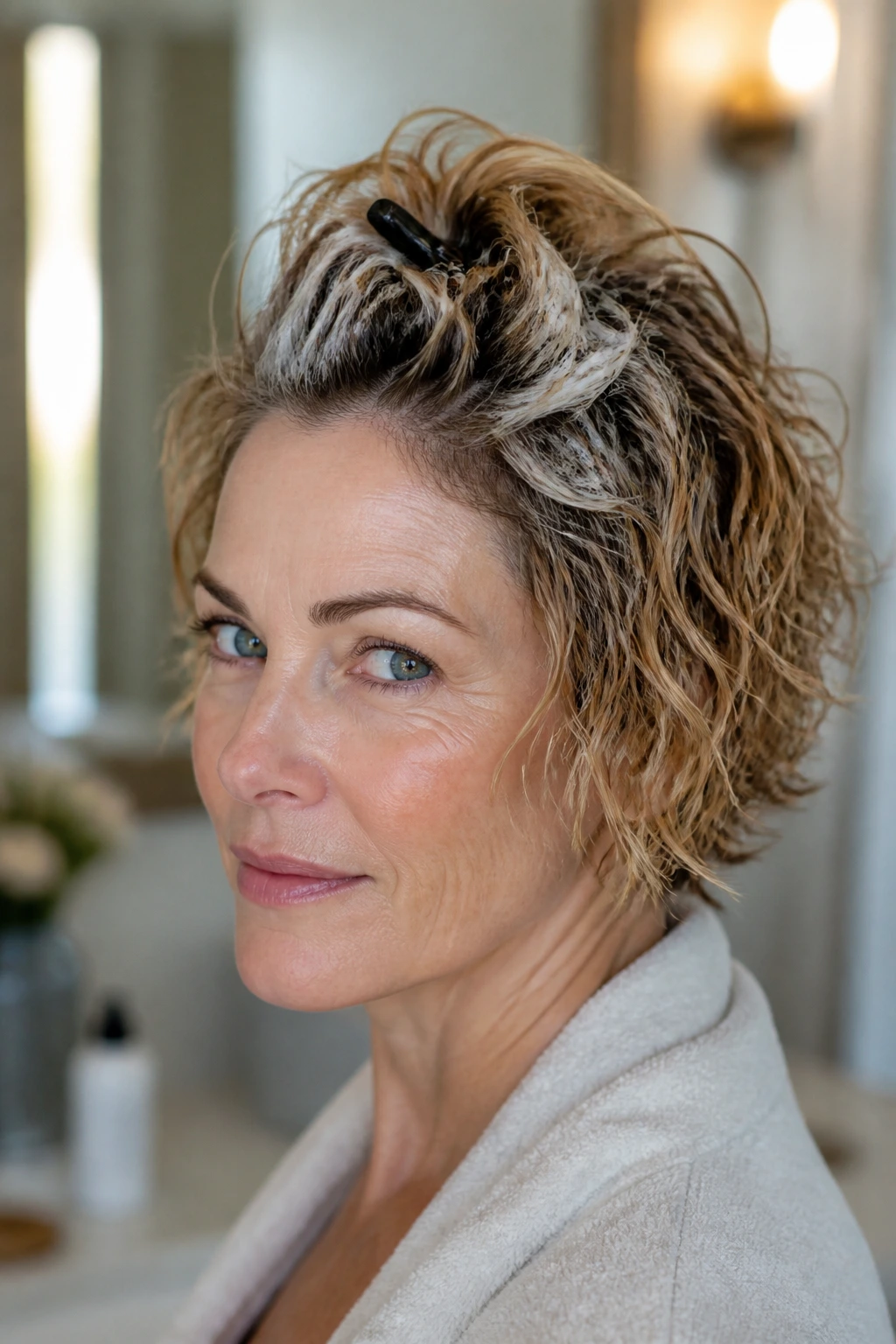 Close-up of a real woman's damp roots with mousse and crown clip for root lift