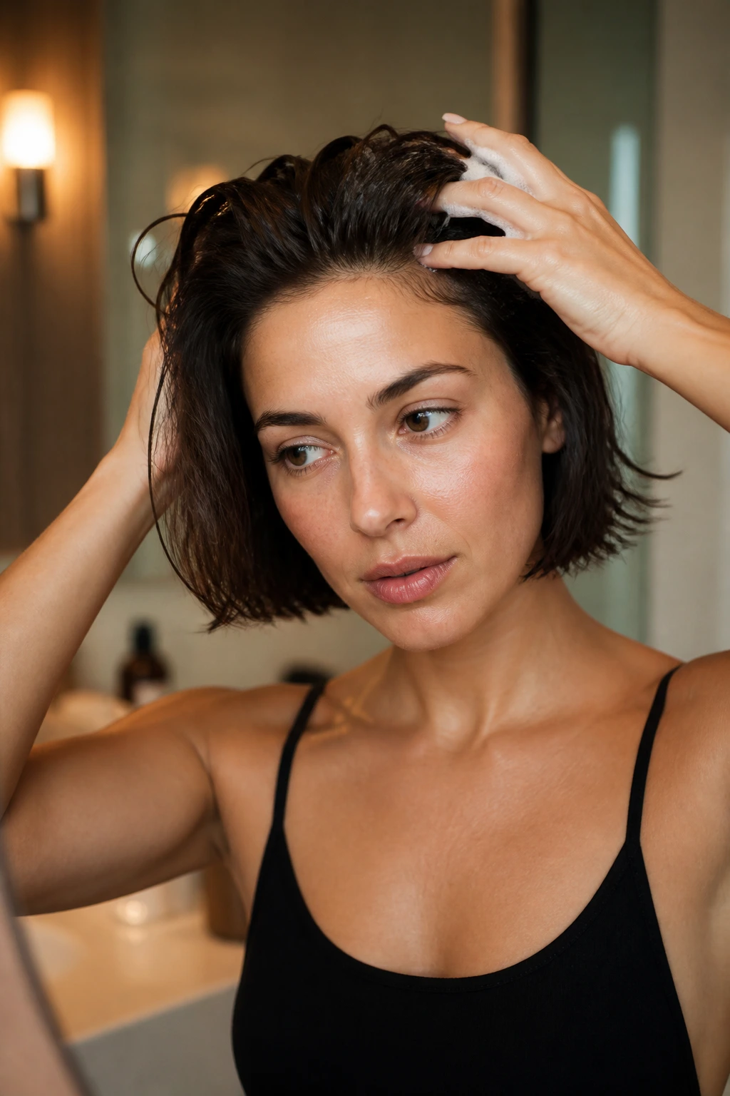 Close-up of thick-hair head showing mousse at roots before drying