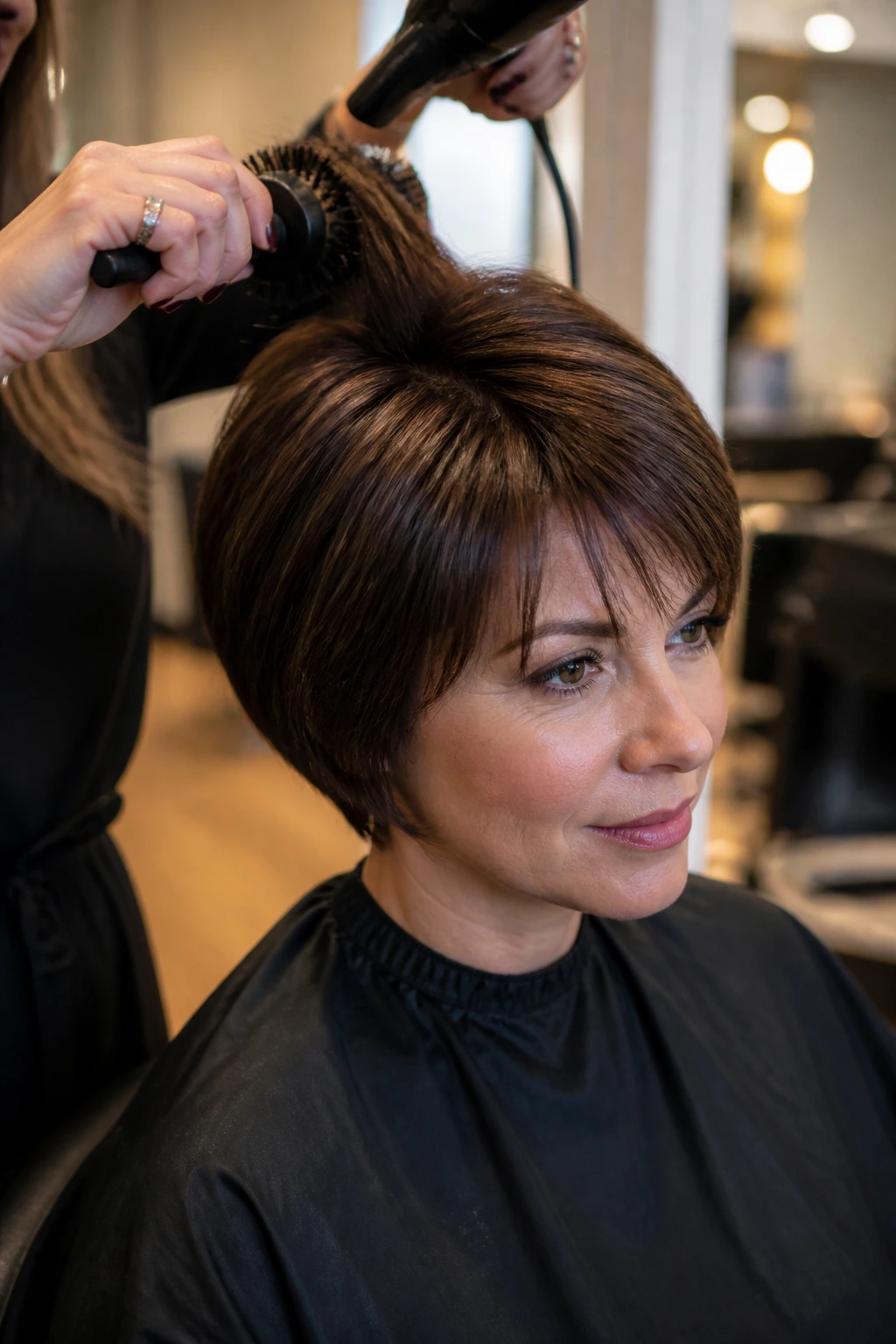 Portrait of real person with short wig showing root lift by styling moves