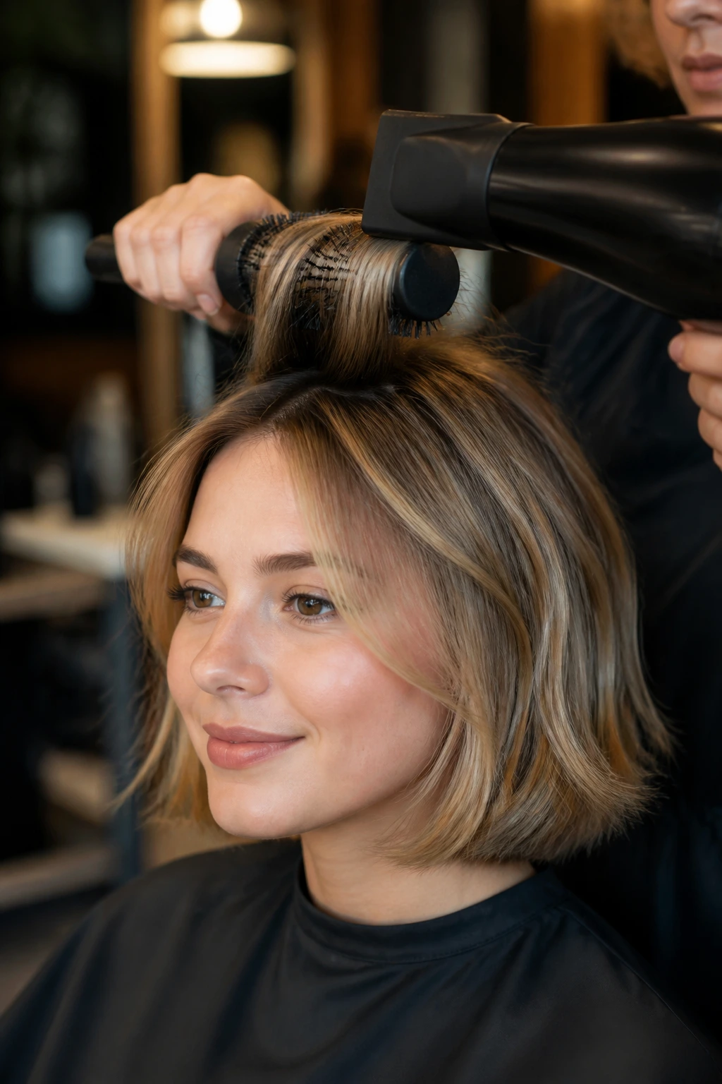 Close-up of a real person showing root lift and soft bend in hair