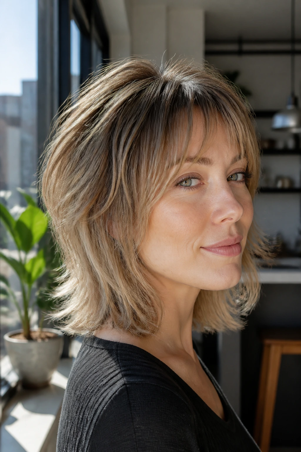Close-up portrait of a real woman with Root-Lift Shag for fine hair and crown lift