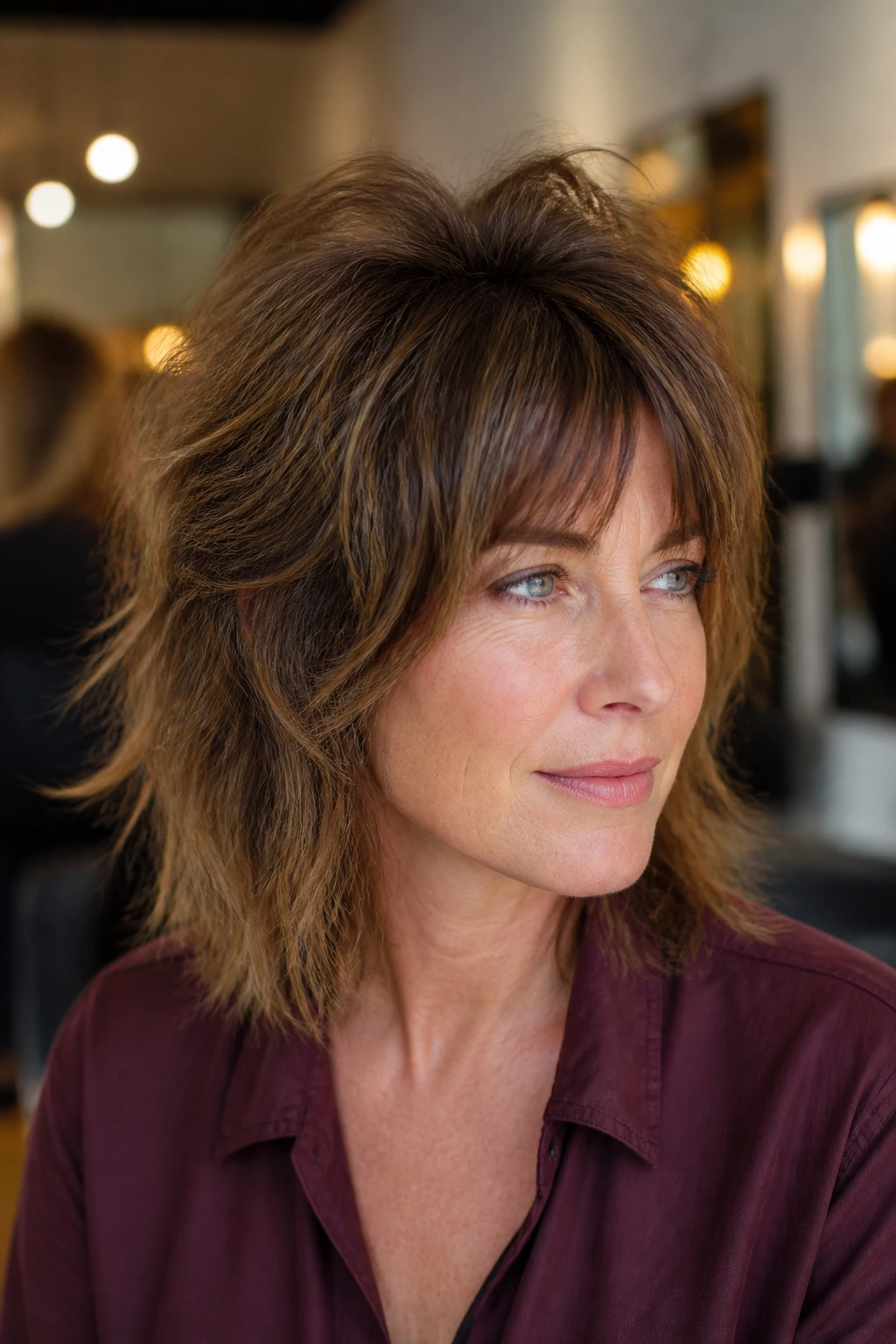 Close-up of woman with Root-Lift Shag showing crown lift and volume