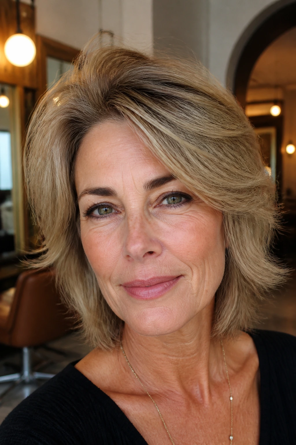 Portrait of woman with root-lift shag and lifted crown