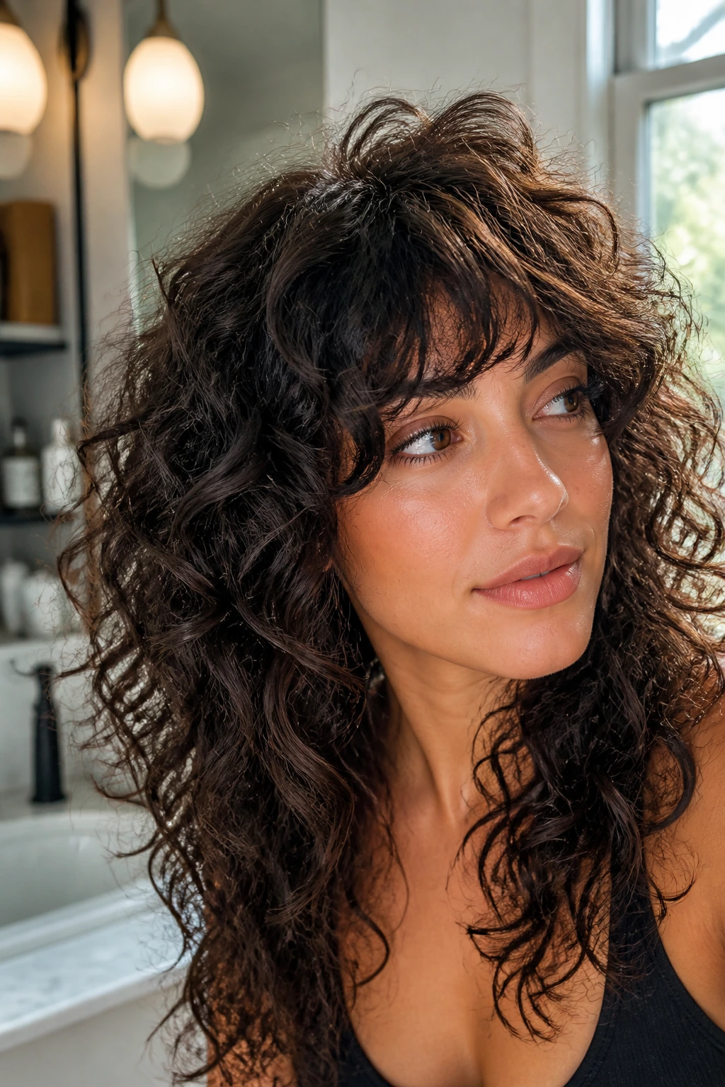 Portrait showing crown lift and volume in long curly shag hair