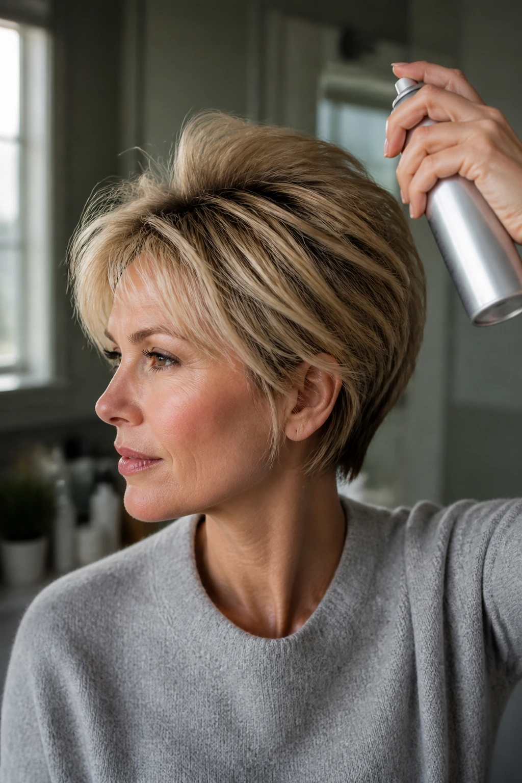 Close-up portrait of a woman with lifted roots in a bathroom setting