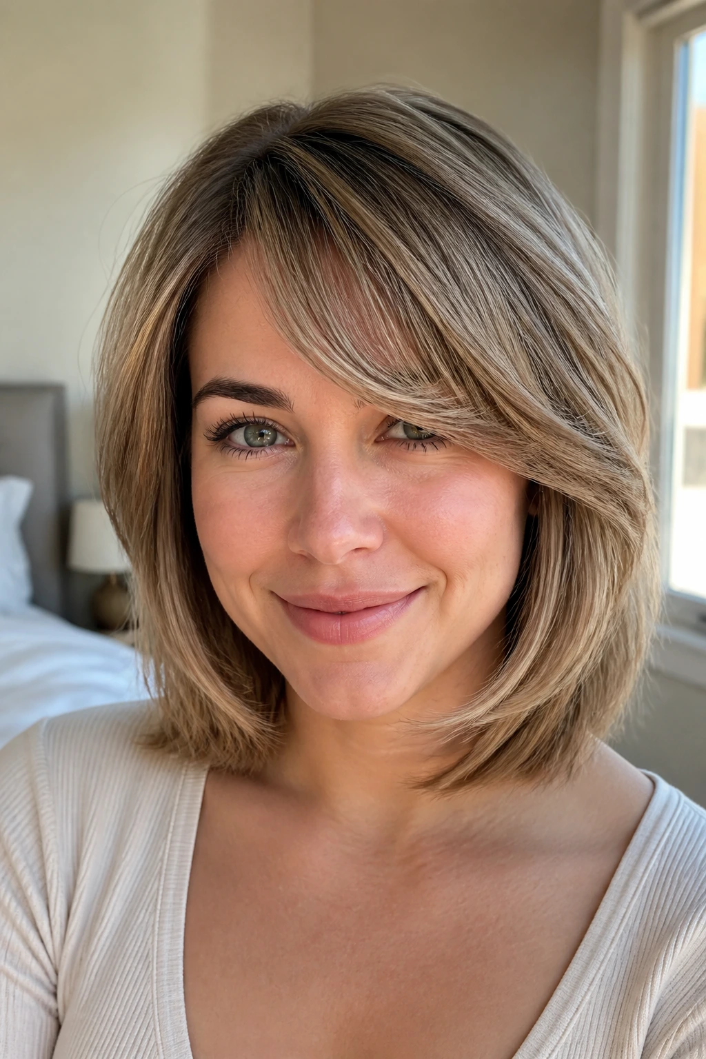 Close-up of a real woman showcasing a root-lift side flip hairstyle with lifted roots and diagonal end flip in natural window light