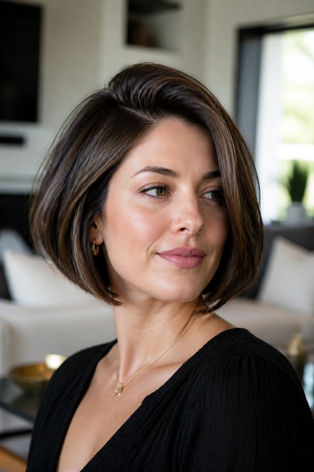 Close-up portrait of a real woman with root-lift side-part French bob and crown volume