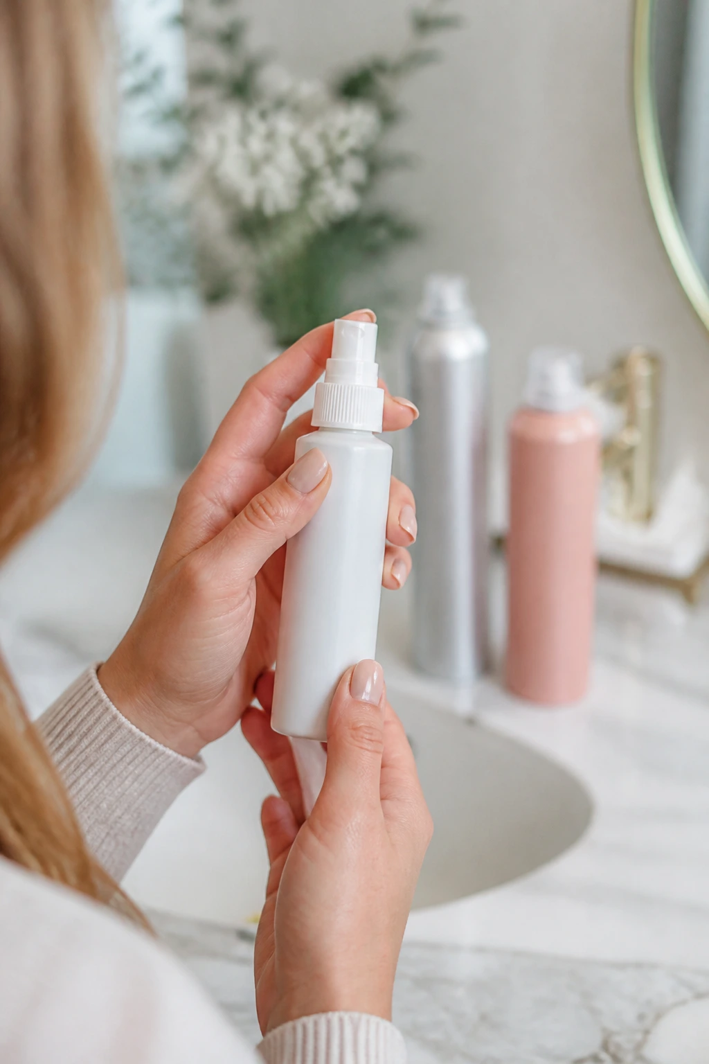 Close-up of hand holding root-lift spray bottle in bathroom
