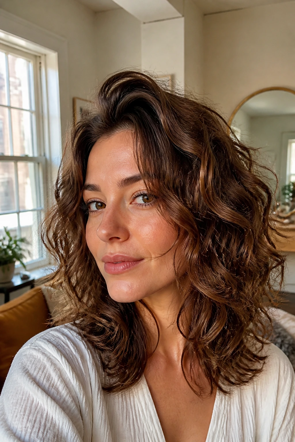 Portrait of a person with voluminous roots in wavy hair