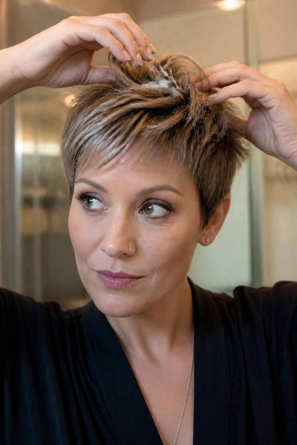 Person styling crown area of pixie cut with hands and product