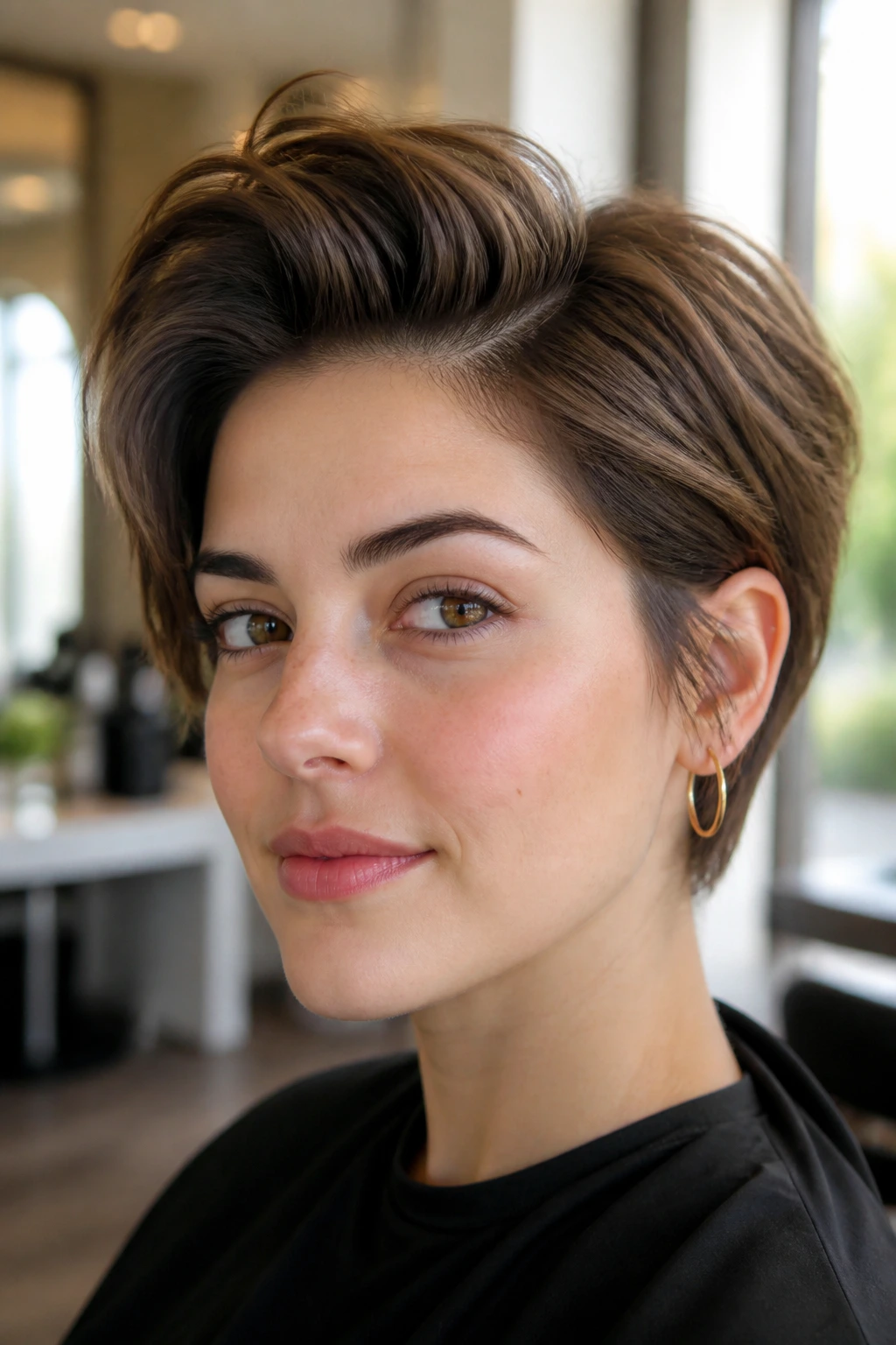 Close-up portrait of a real person showing lifted roots and a shaped part for fine hair
