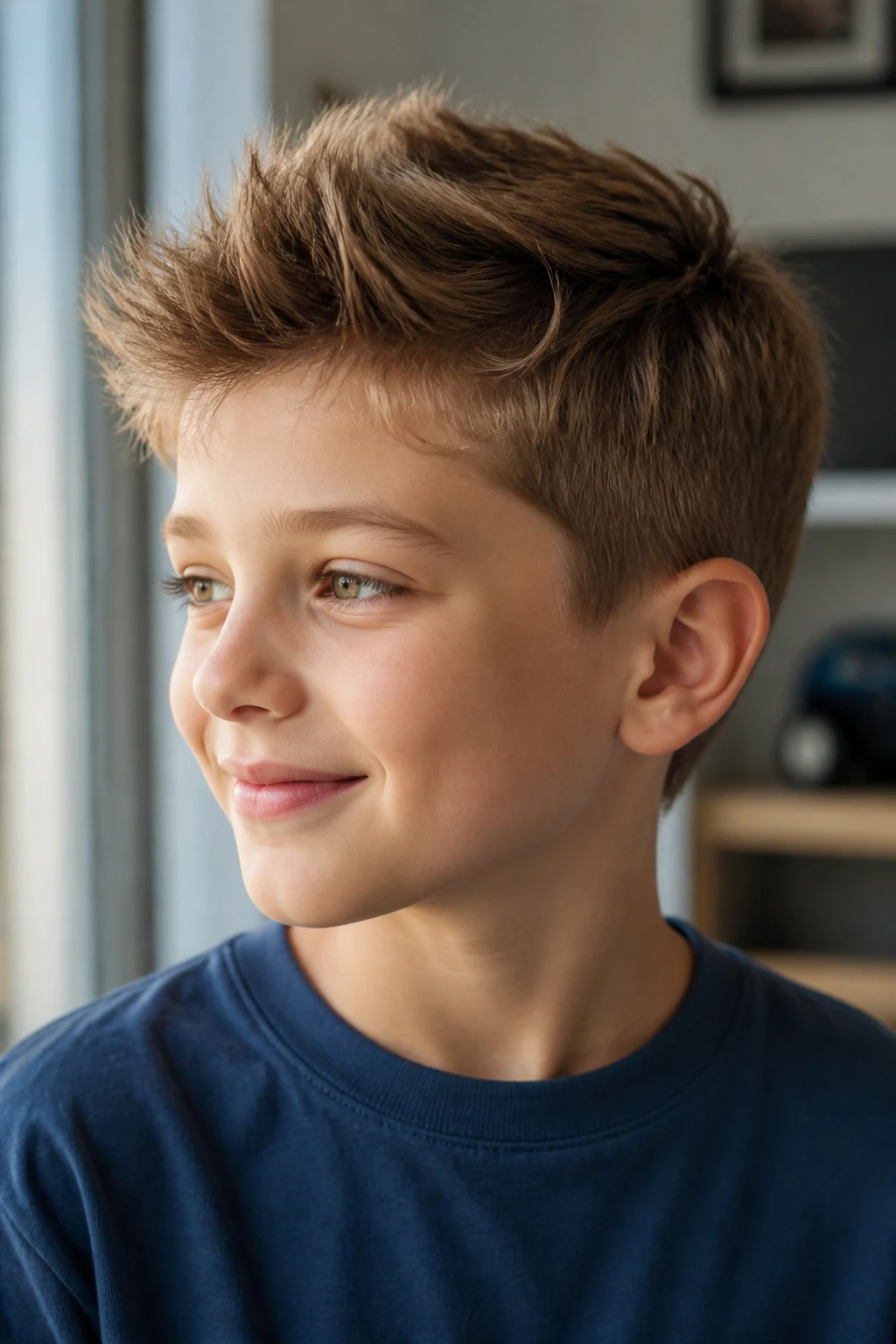 Boy with lifted crown and textured fine hair in natural light