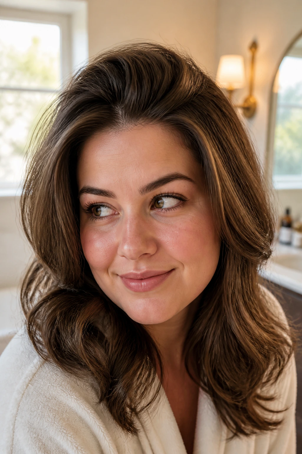 Close-up of a woman's lifted crown showing root lift for thick hair