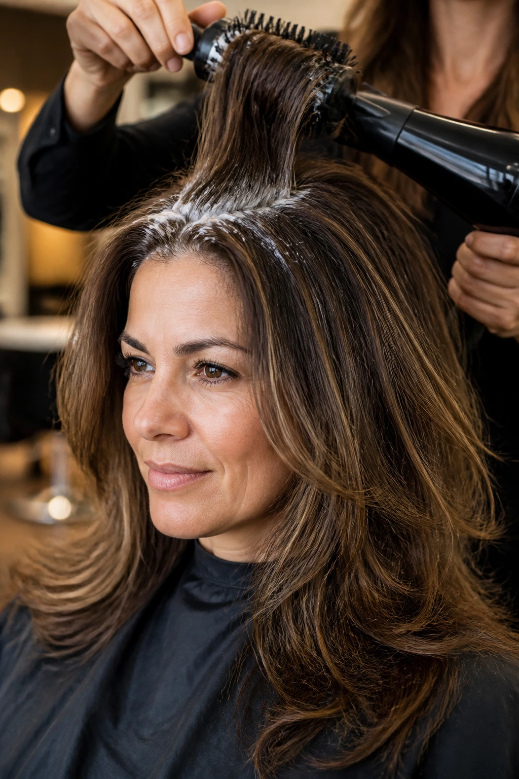 Close-up of thick hair being lifted at the crown during a blow-dry in a salon
