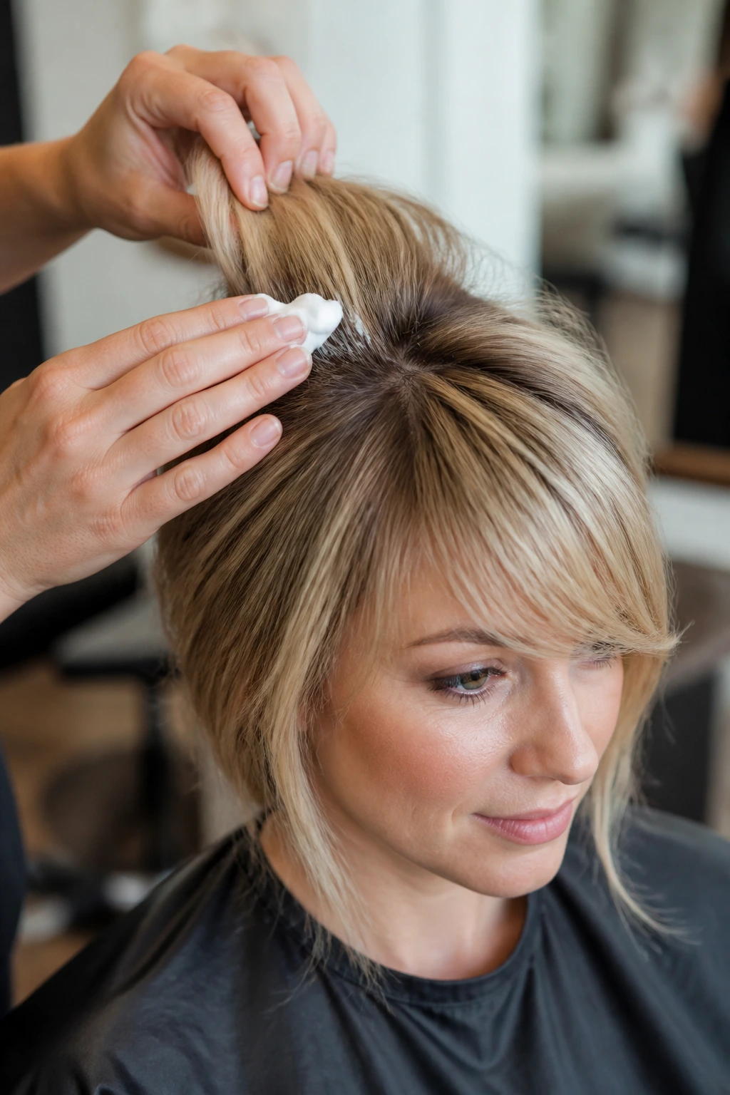 Close-up of a real person with crown lift demonstrating lightweight hold for thin hair.
