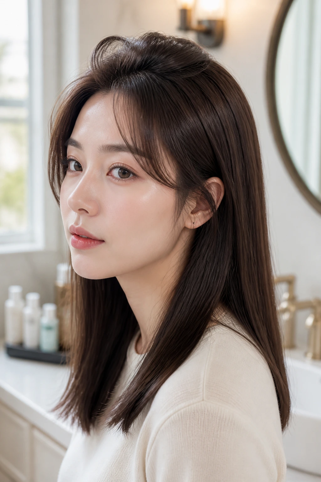 Close-up of a real woman with root lift and straight hair ends